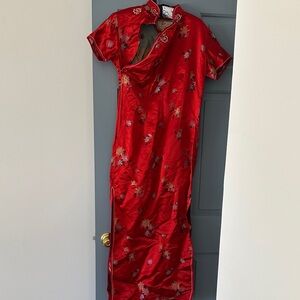 Vintage Asian Chinese Chinoiserie Elegant Red Floral Women's Silk Dress